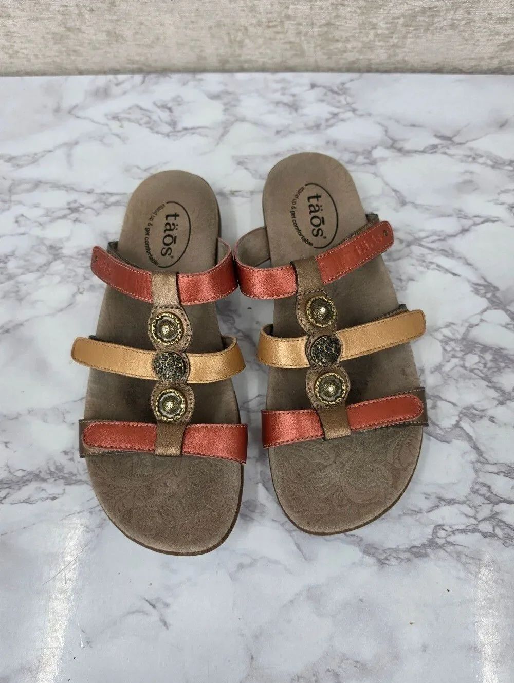 Taos Prize 4 Leather Copper and Gold Multi-Color Strappy Slide Sandals
